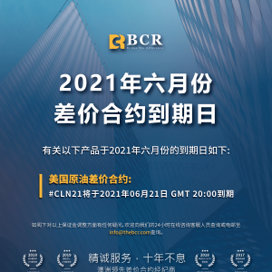 百汇BCR：2021年六月份差价合约到期日
