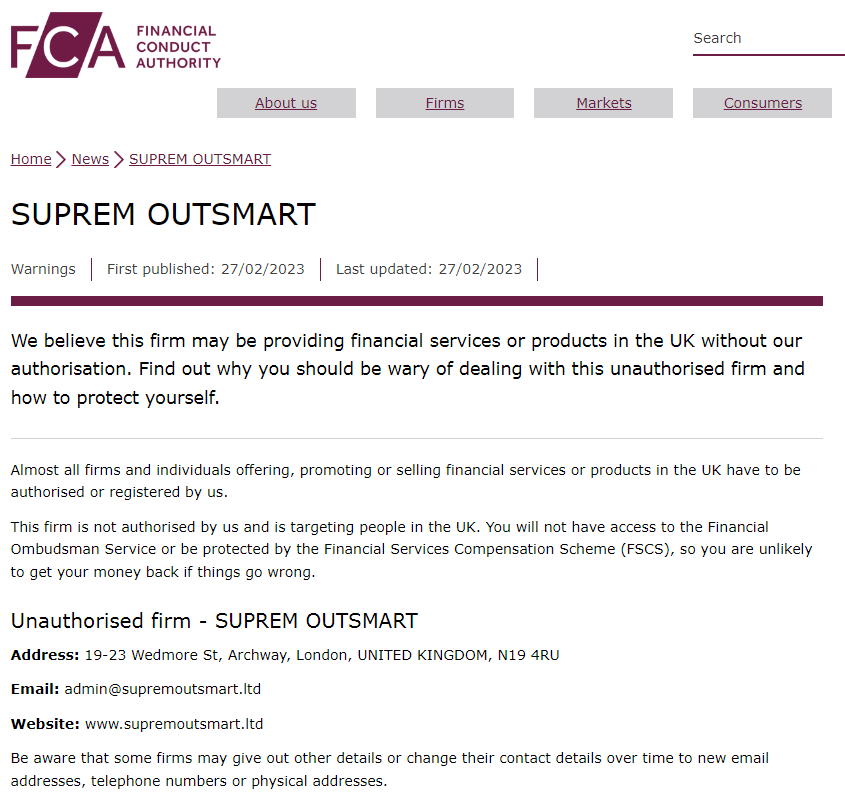 FCA警告：SUPREM OUTSMART不受监管
